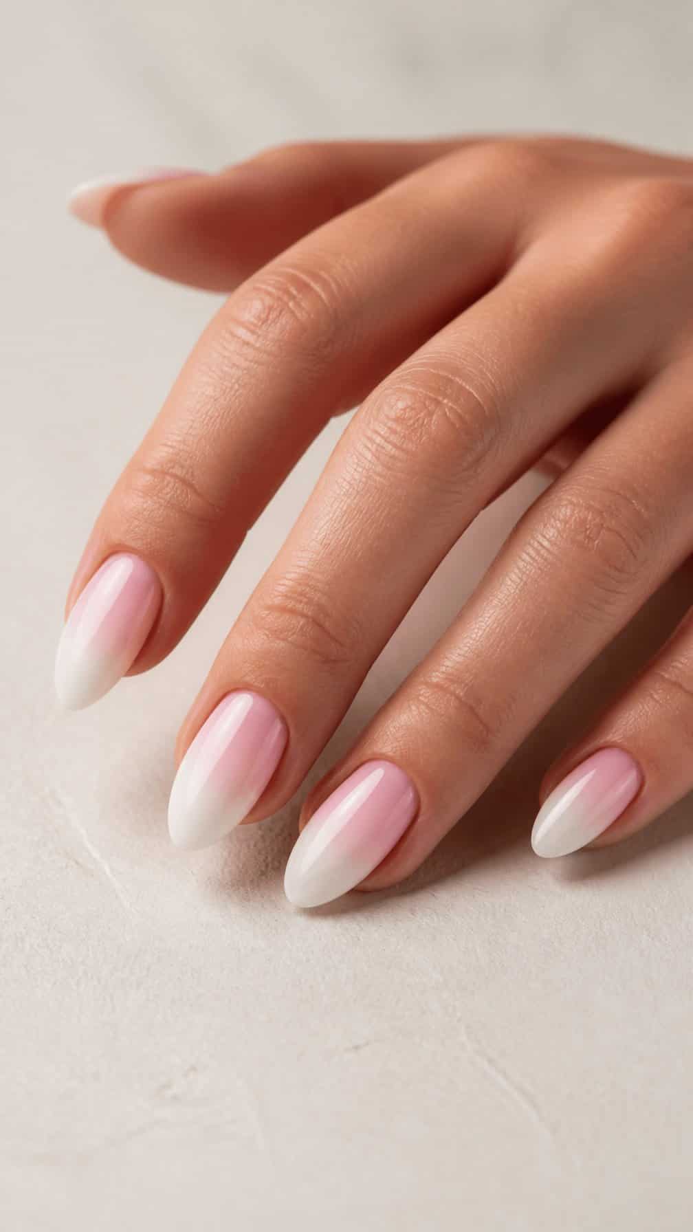 A hand with glossy almond-shaped nails fading from milky white to blush pink.