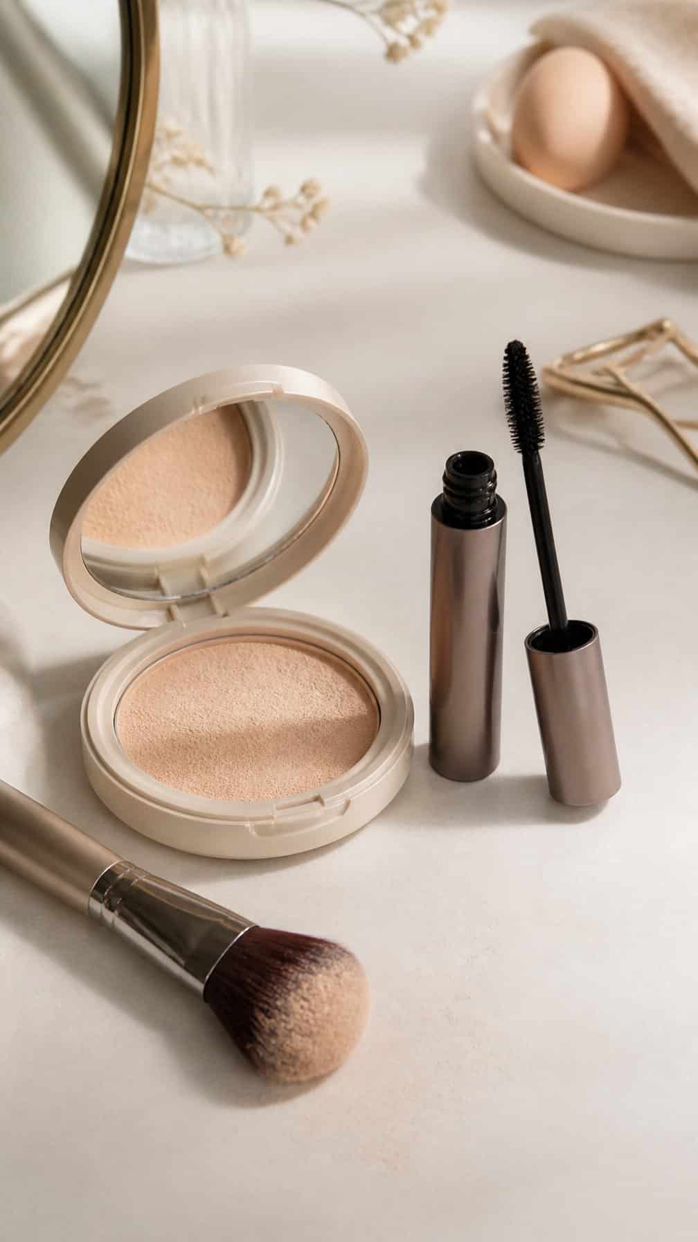 An open mineral powder foundation compact and mascara arranged beside a makeup brush on a clean vanity.