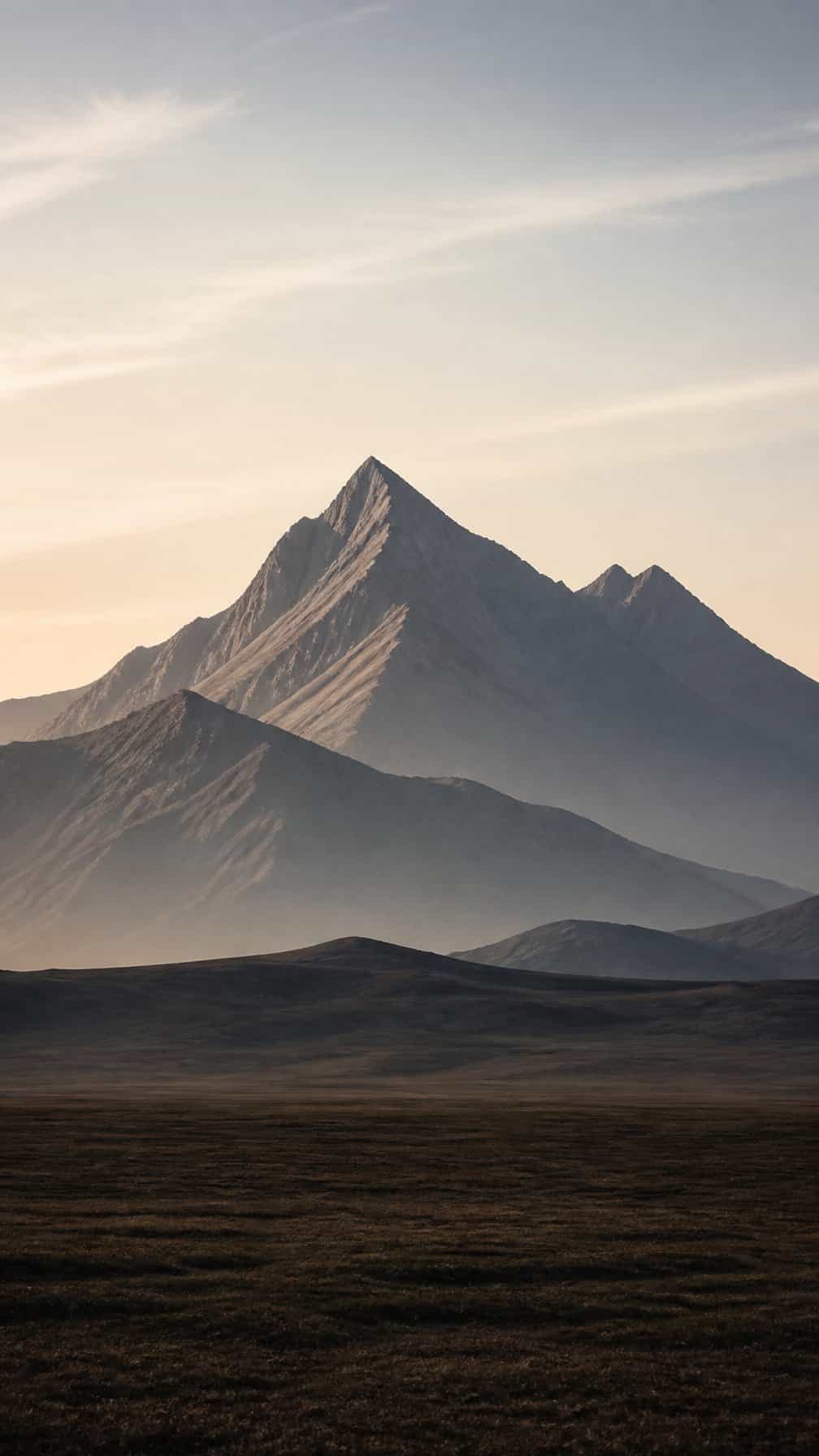 A simple layered mountain range beneath a softly lit sky.