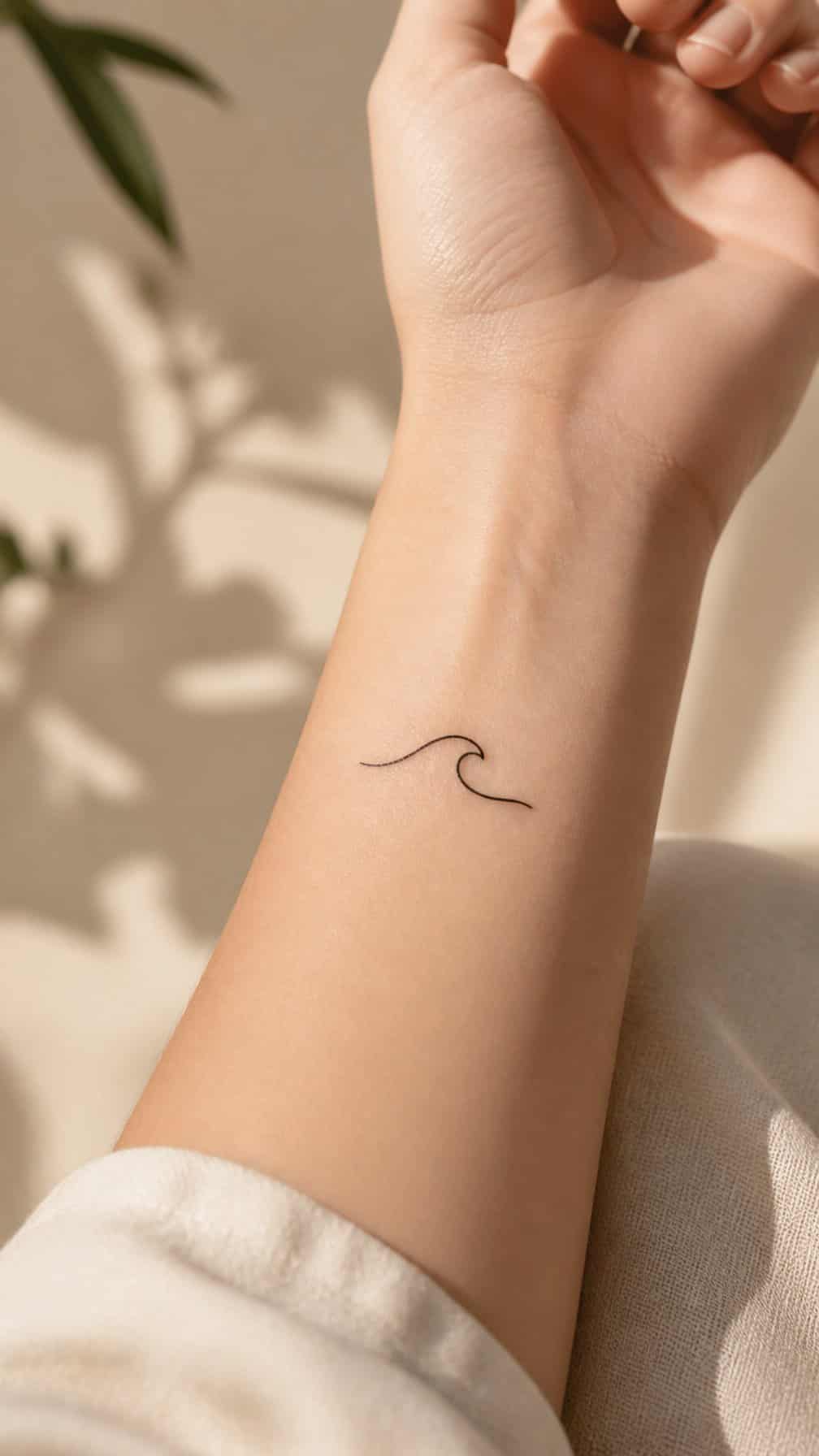 A simple wave tattoo on a person’s inner forearm.
