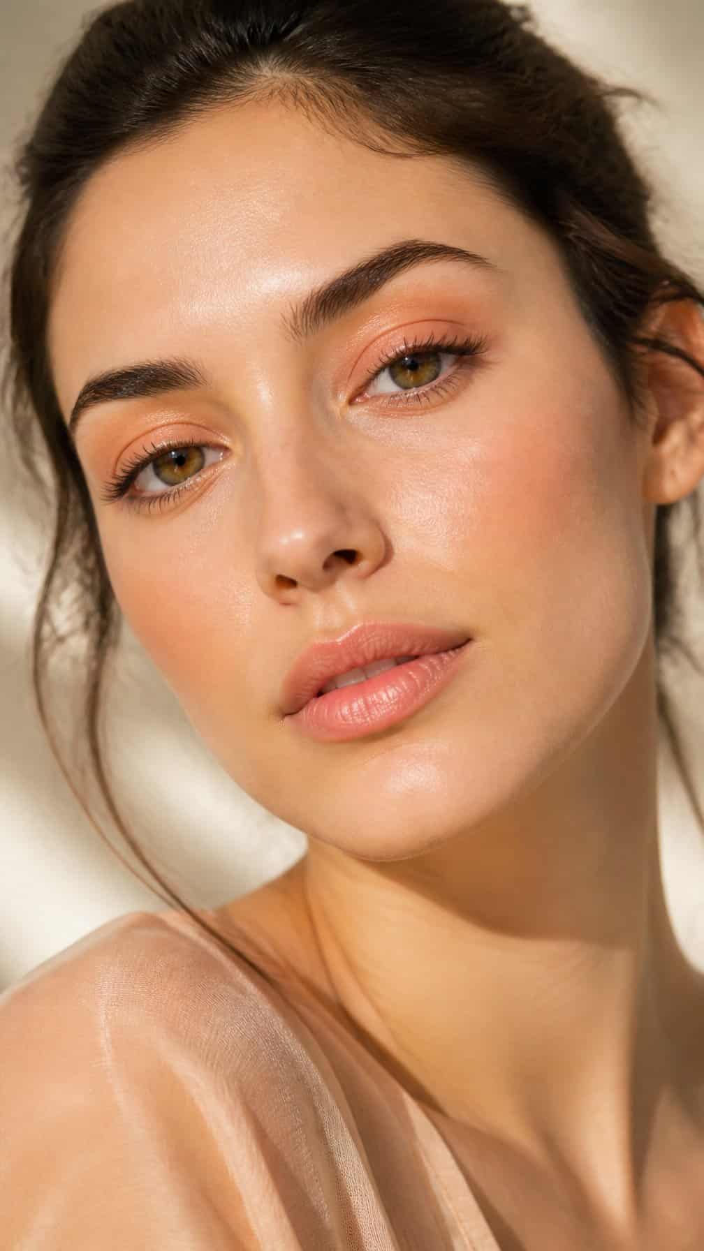 Woman wearing coordinated peach eyeshadow, blush, and lipstick.