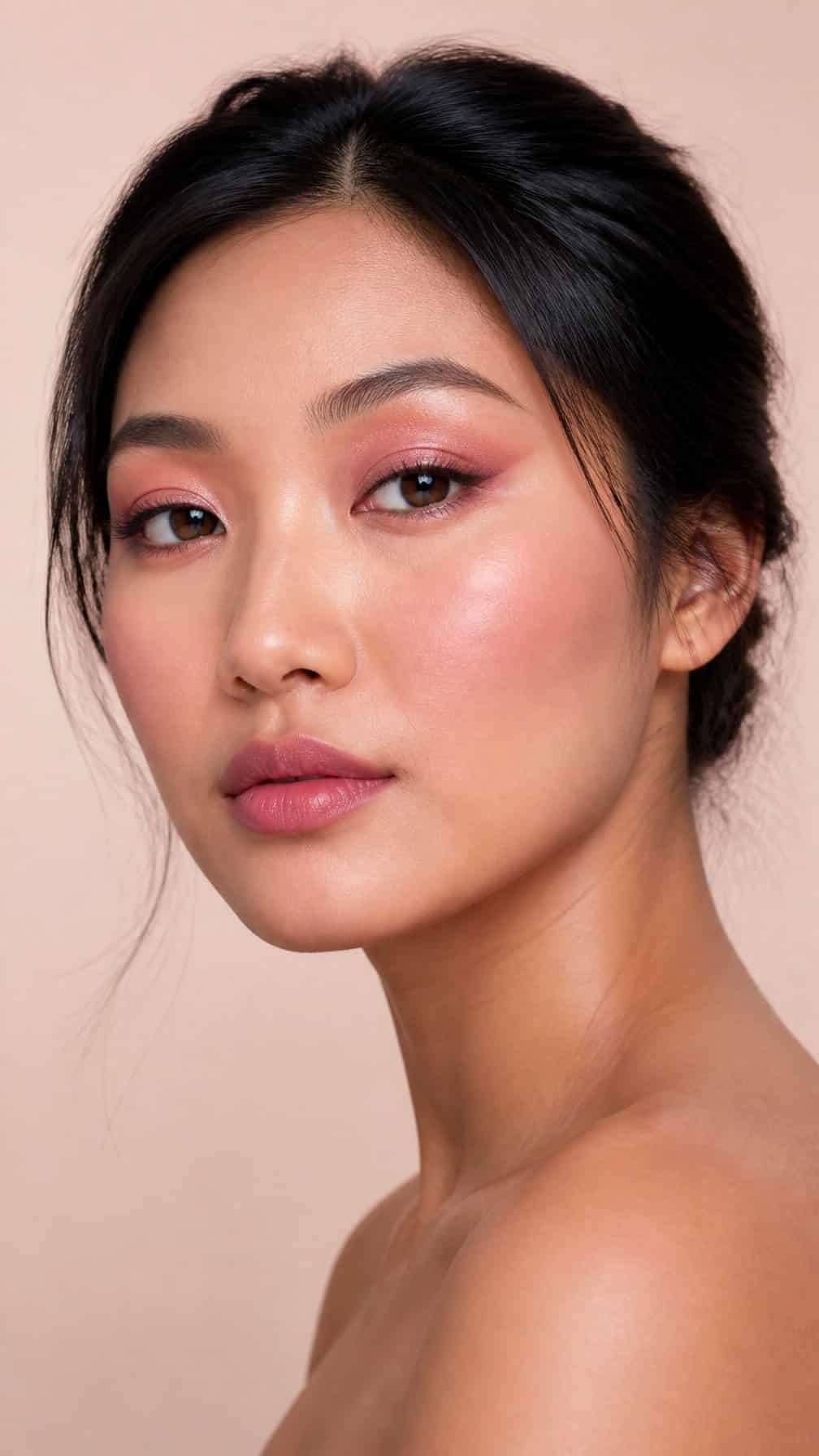 Close-up portrait of a woman with open hooded eyes wearing blended monochromatic rose eye makeup.