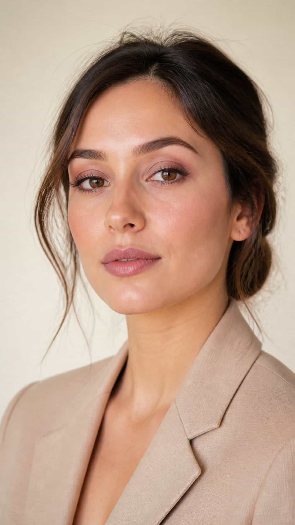 A woman with coordinated rose-toned makeup poses against a light neutral background.