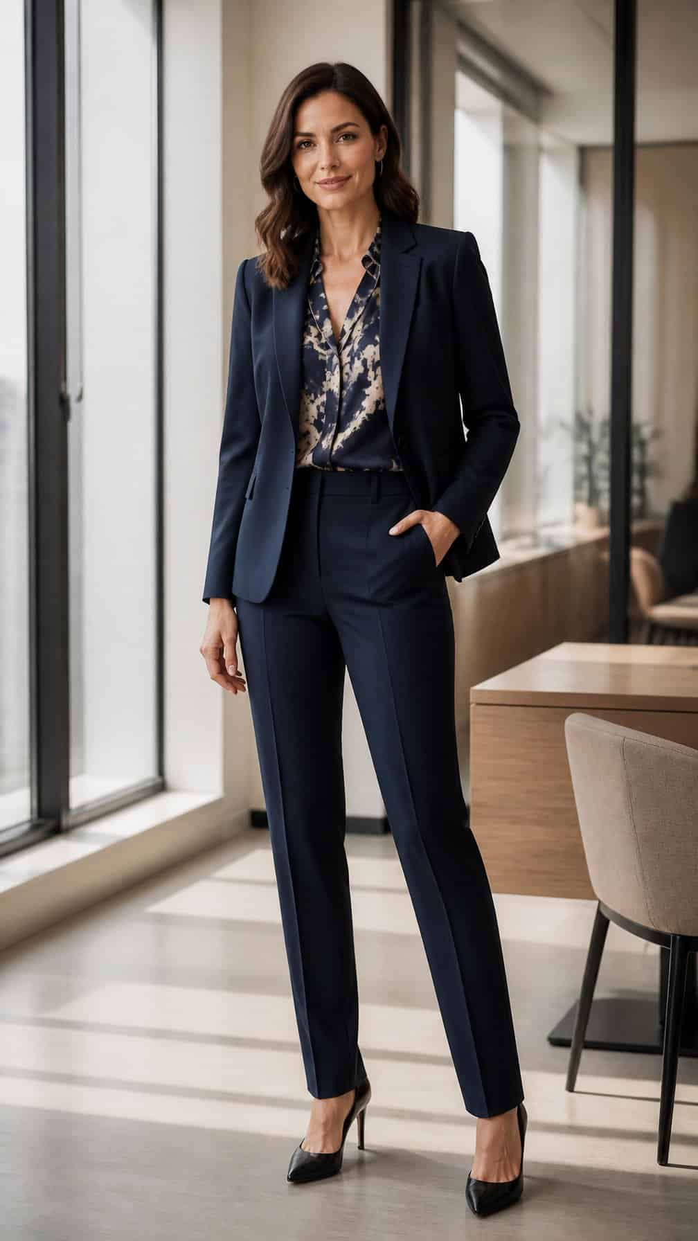 A woman in a navy suit and patterned blouse standing in a modern office.