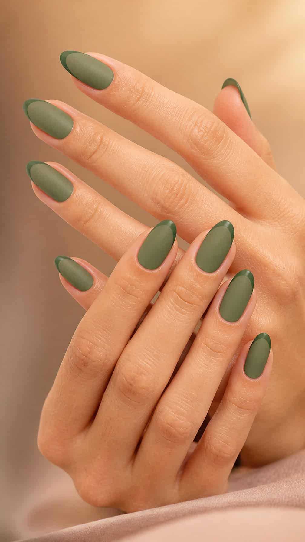 A close-up of hands with moss green matte French-tip nails.