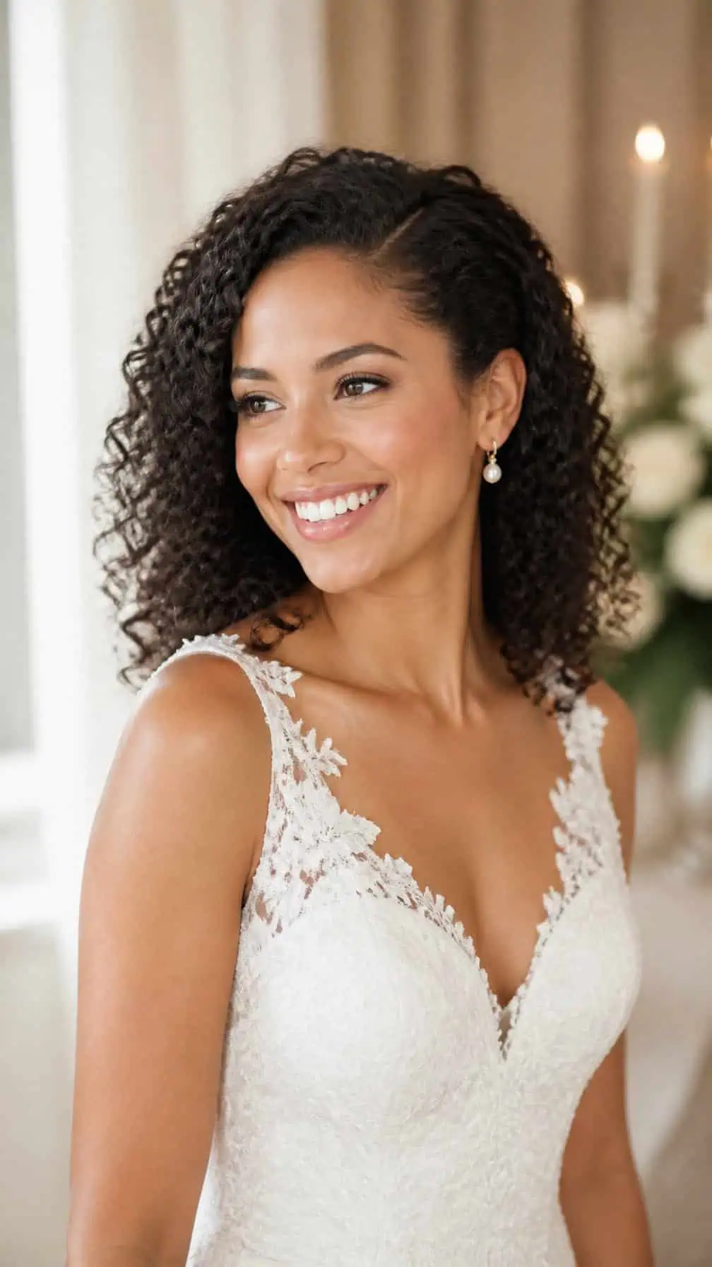 Bride with naturally curly hair and a side part wearing a simple wedding dress.