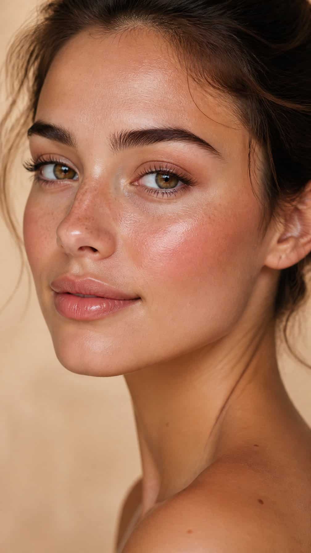 Close-up portrait of a woman with natural freckles and softly flushed cheeks.
