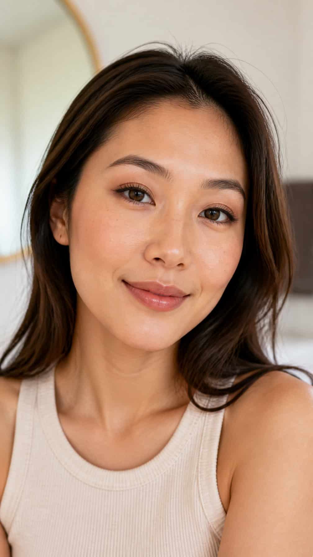 Woman wearing natural everyday makeup with softly defined hooded eyes.