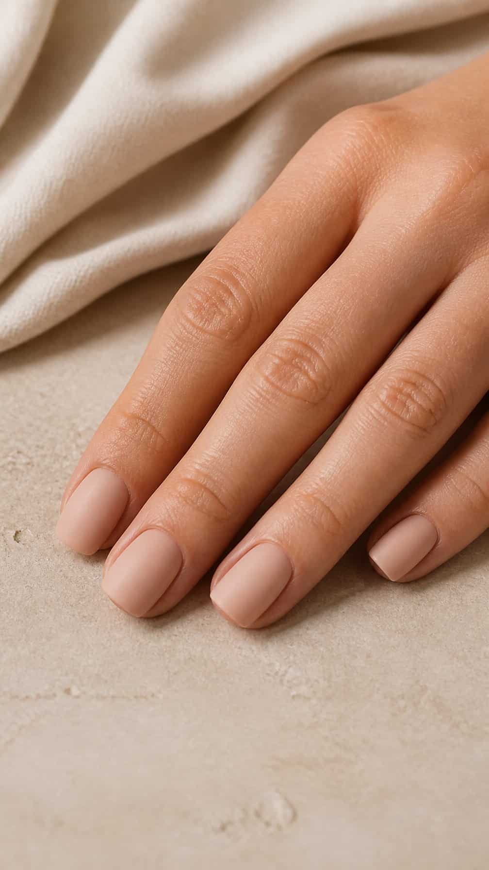 A hand with short matte nude nails resting on a neutral beige surface.
