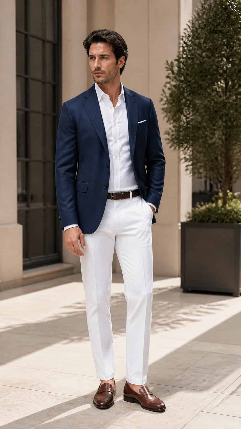 A person wearing a navy blazer, white trousers, and brown penny loafers in an urban setting.