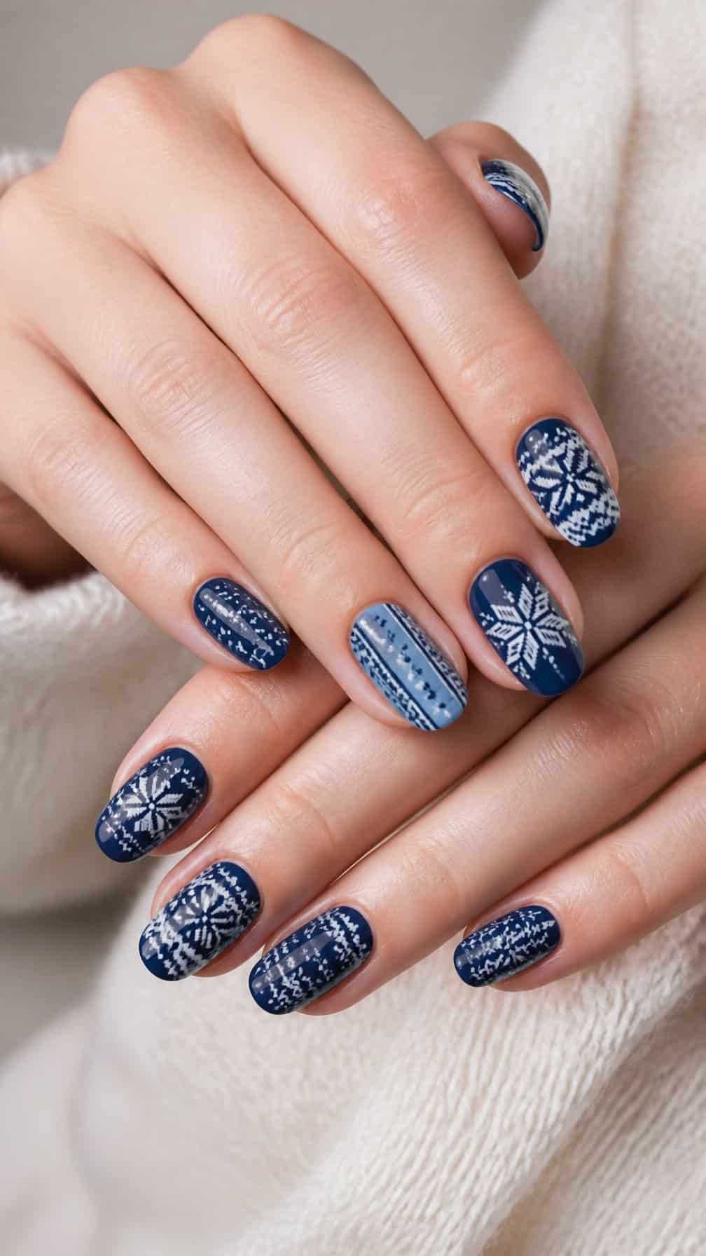 Close-up of hands with navy blue and white Fair Isle Christmas nail art.