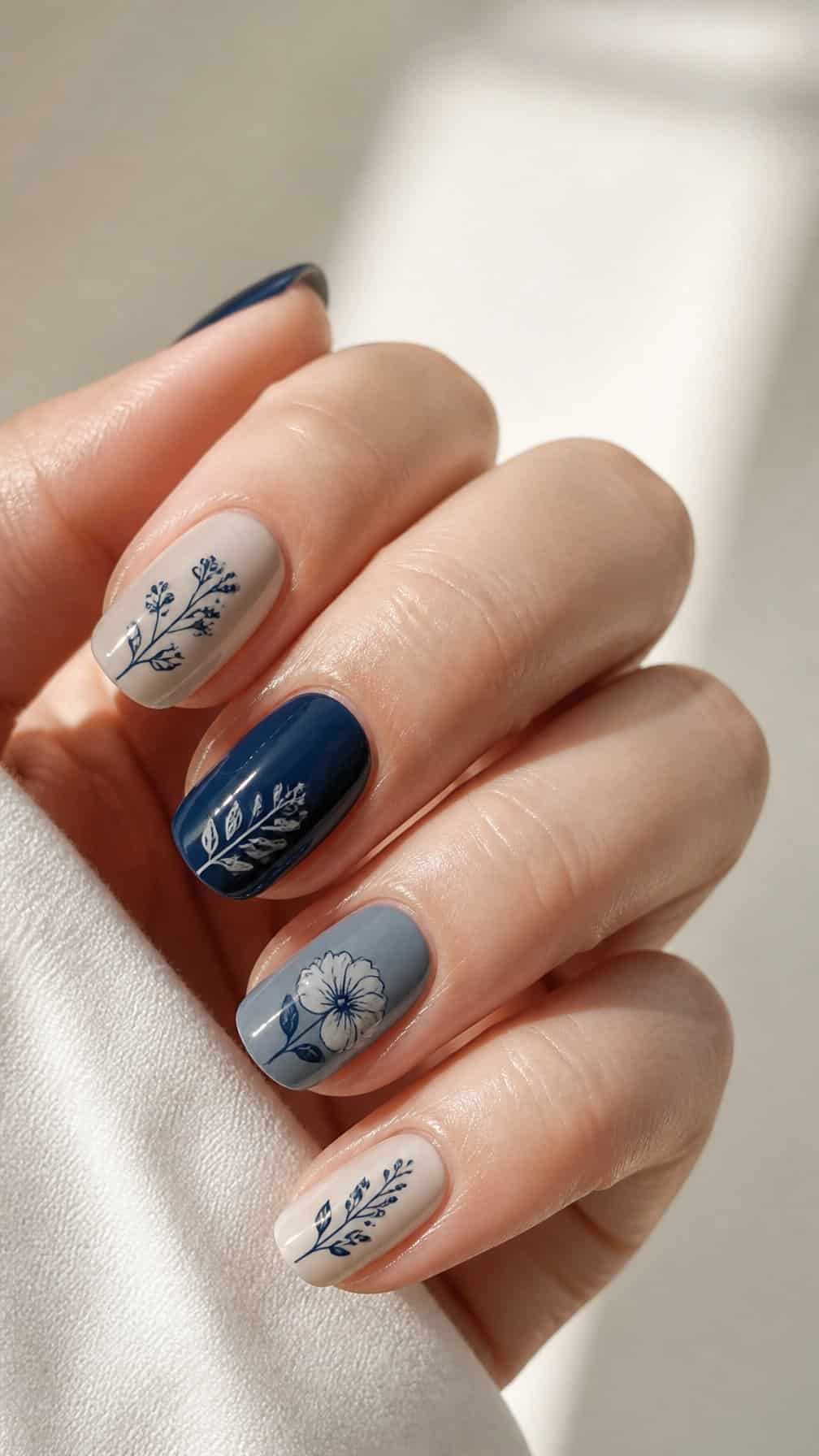 A hand with navy blue floral designs painted on its fingernails.
