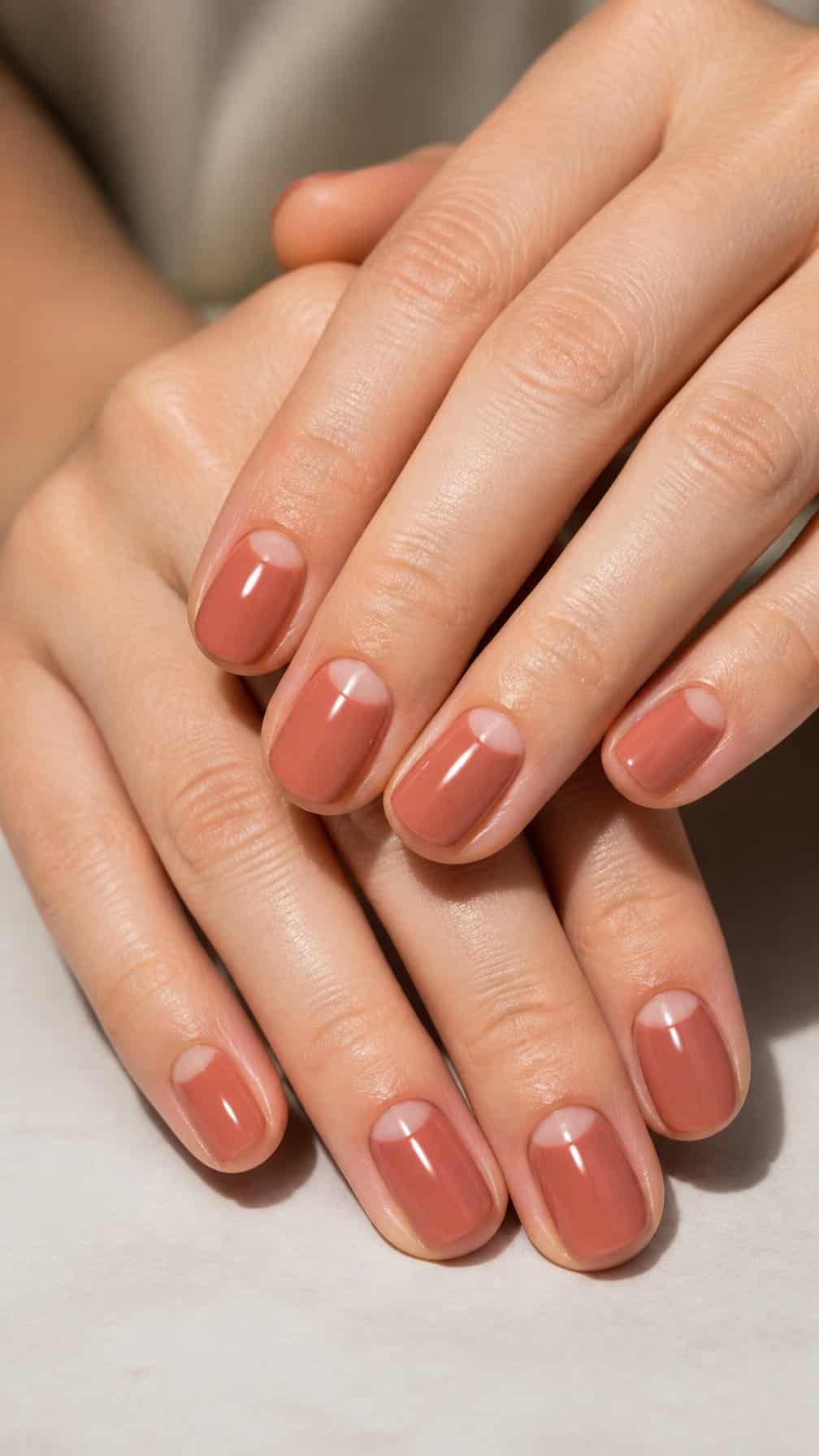 A close-up of a hand with simple half-moon manicure designs.