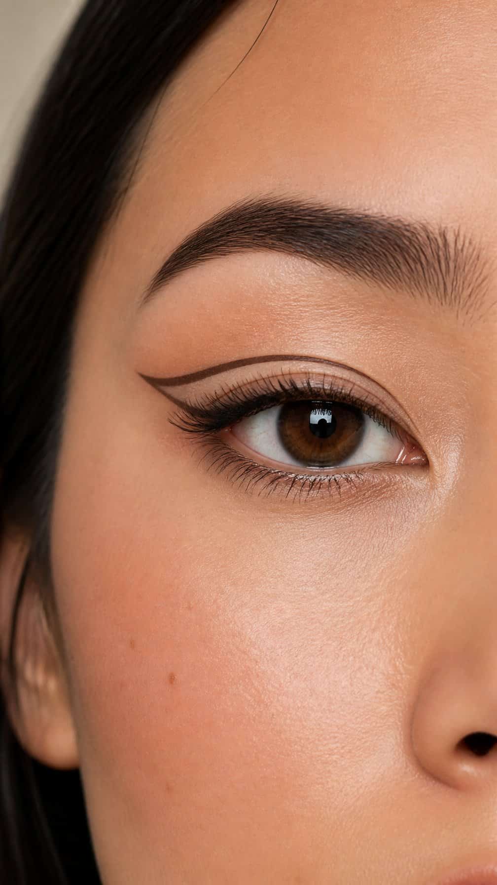 Close-up of a hooded eye with a thin eyeliner line placed above the crease and a visible strip of bare skin beneath it.