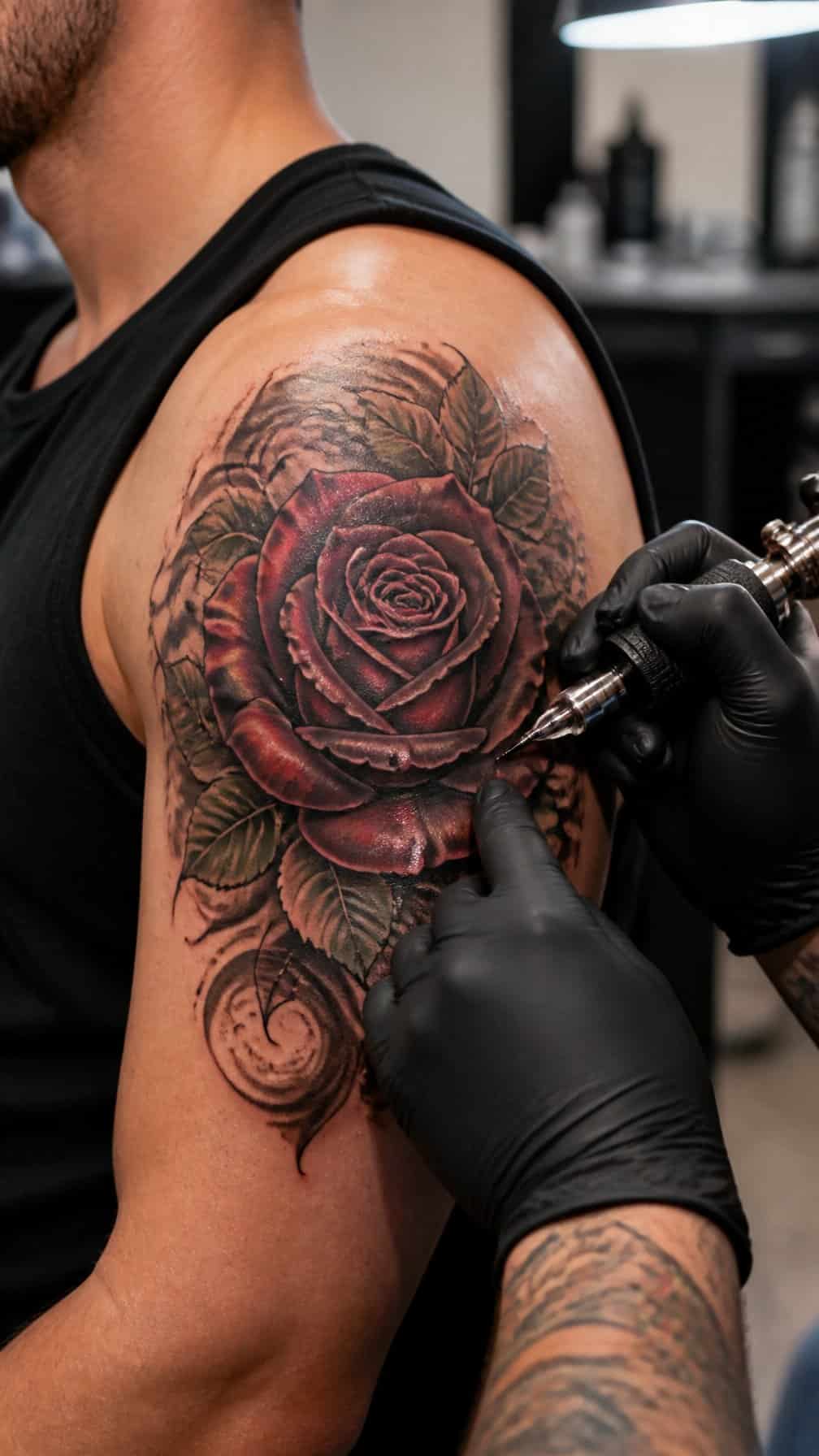 A tattoo artist works on a rose tattoo covering an older design on a client’s upper arm.
