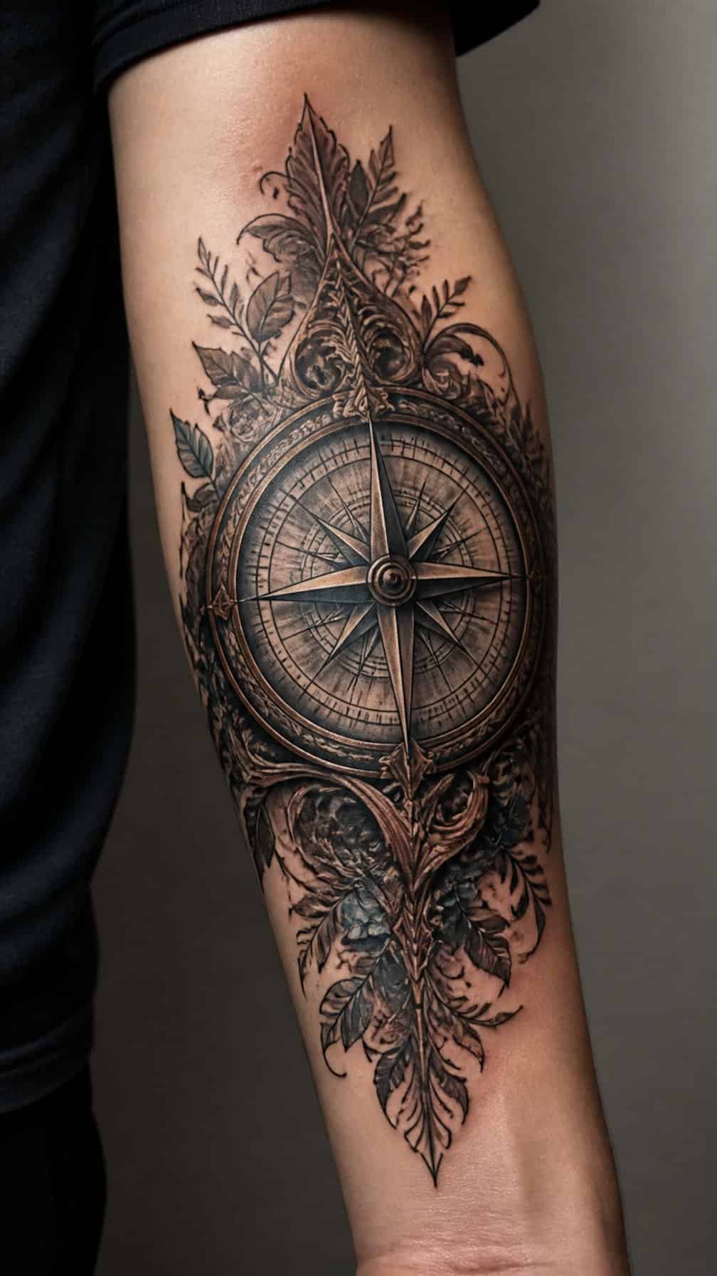 An ornate compass tattoo completely covers an older tattoo on a person’s arm.