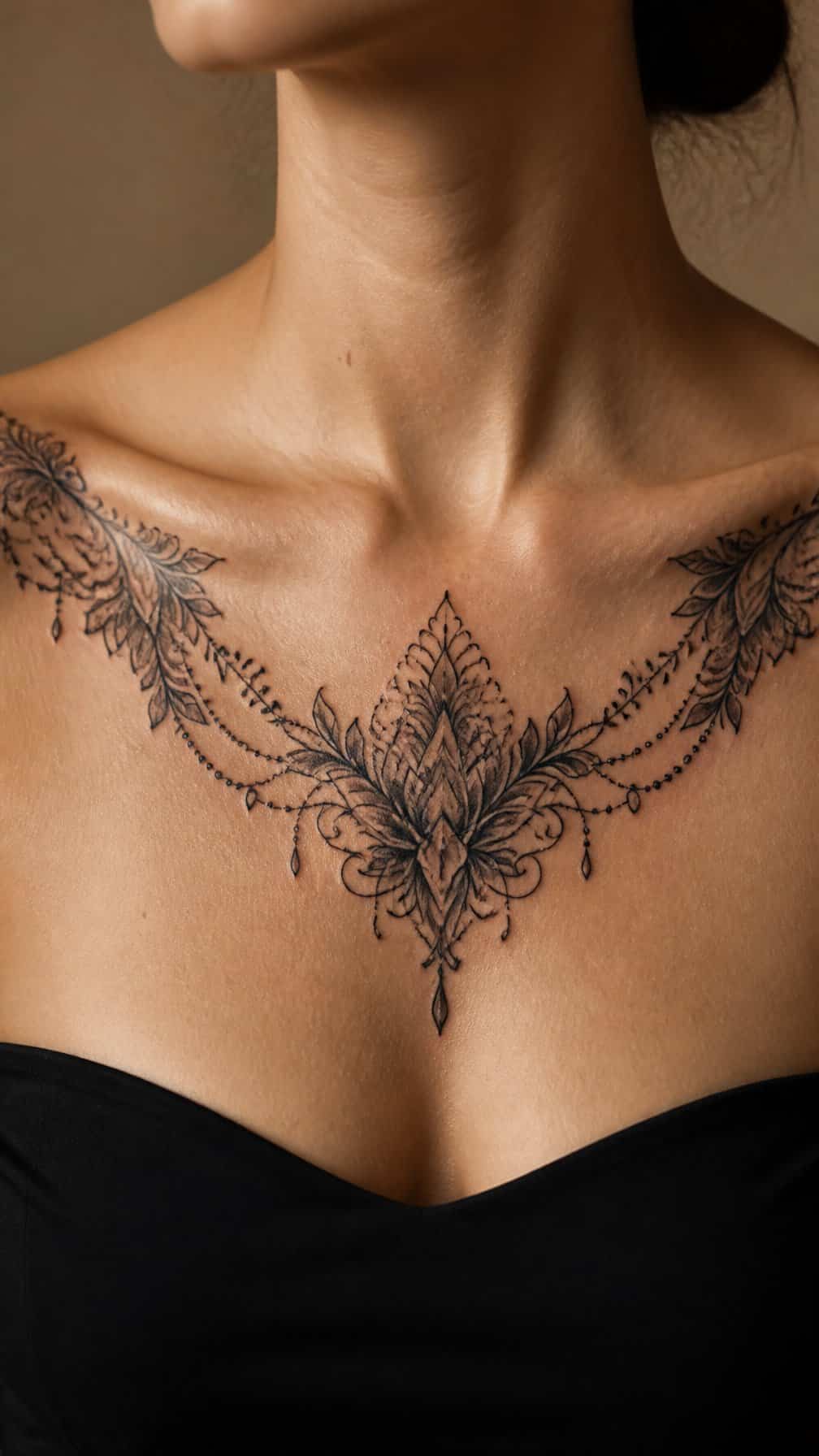 An ornamental necklace-style tattoo spans an adult person's collarbones.