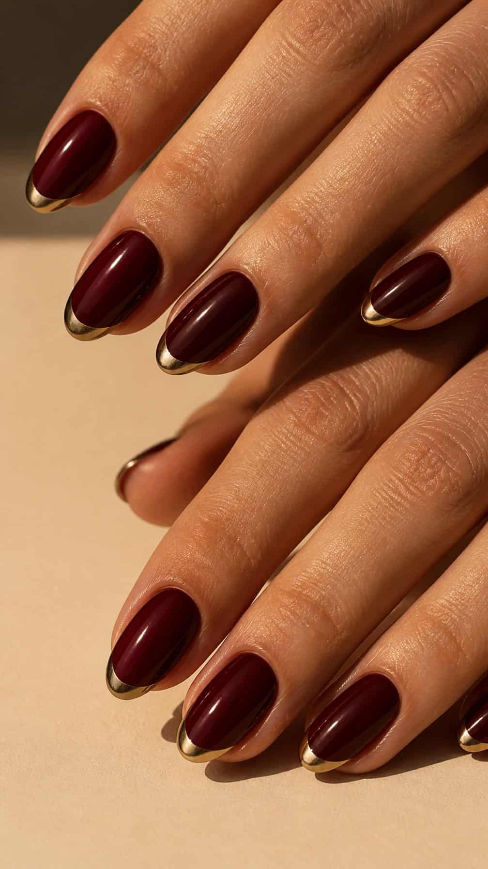 A close-up of a hand with glossy oxblood red nails featuring gold French tips.