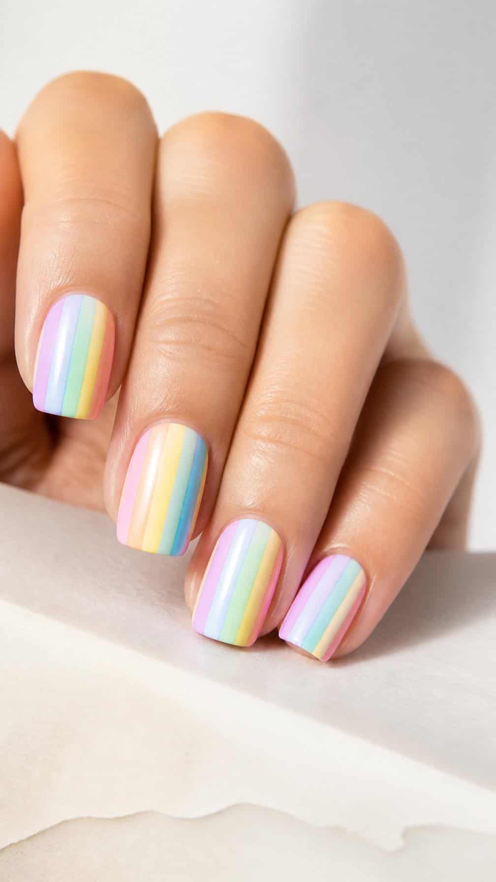 A manicured hand with pastel rainbow-striped nails resting on a light surface.