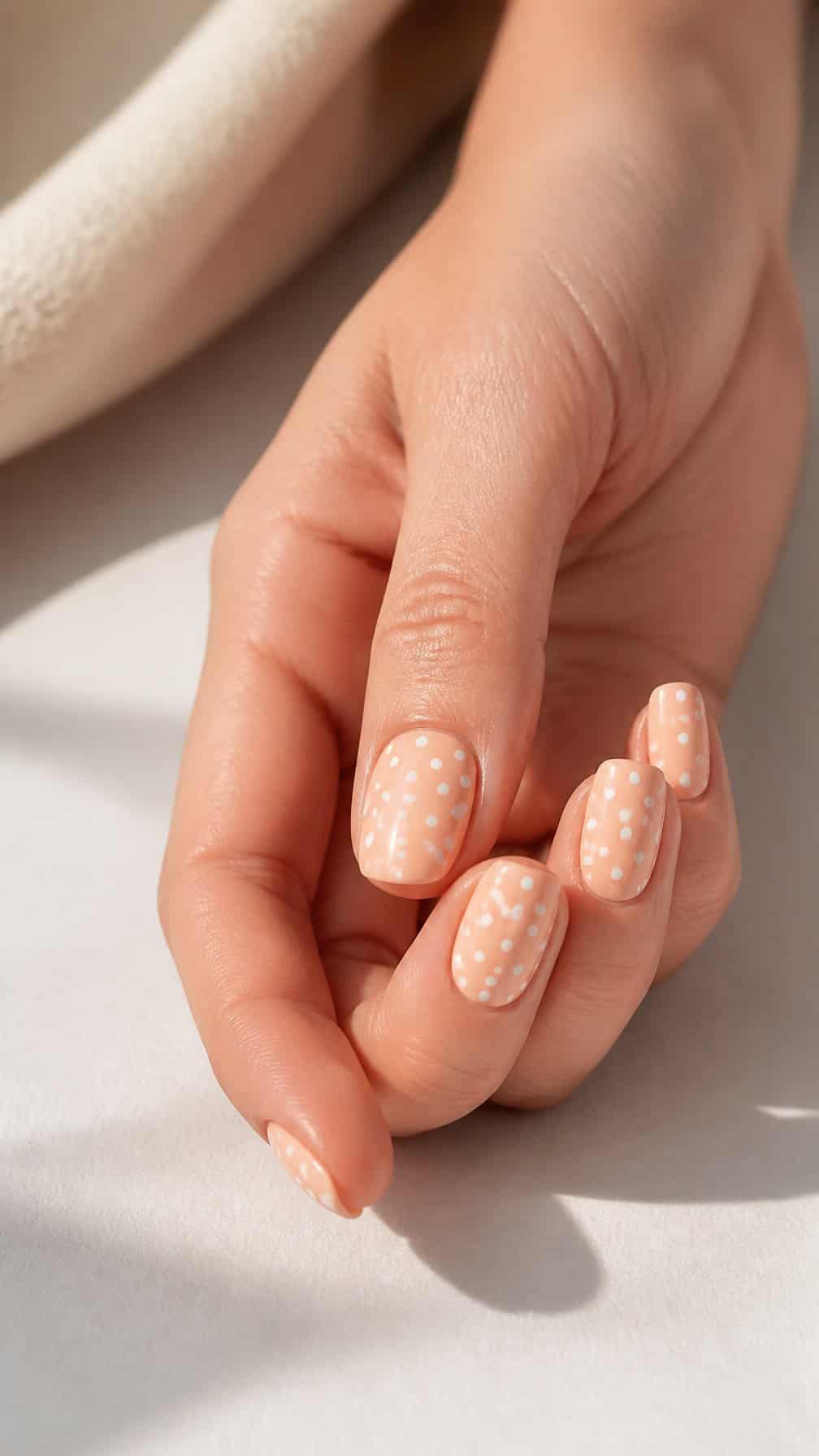 A hand with peach-colored nails decorated with small white polka dots.