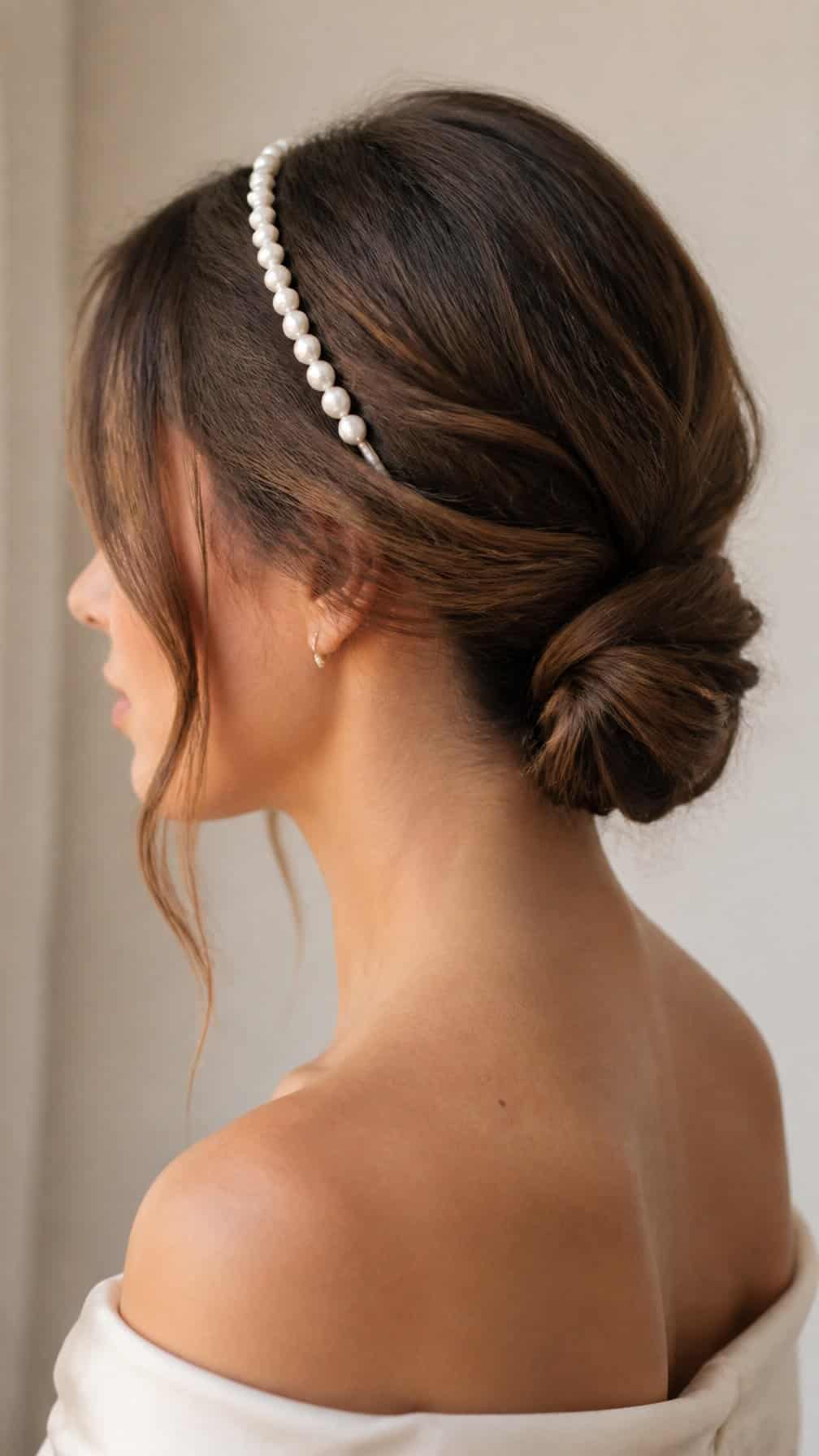 Woman wearing a pearl headband with her hair styled in a low twist.