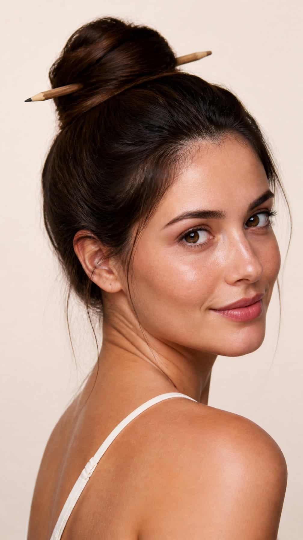 Woman with dark hair styled in a bun secured with a pencil.