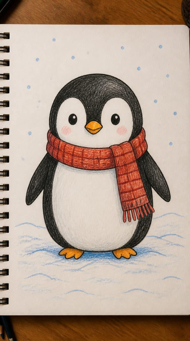 A hand-drawn artwork of penguin wearing a scarf.