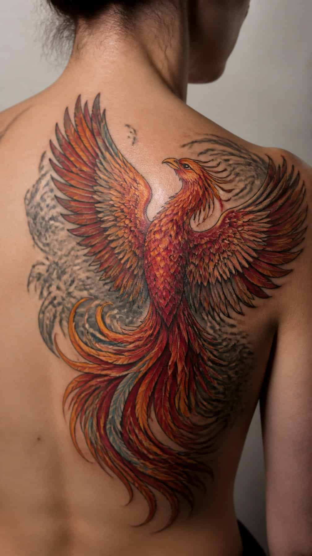 A colorful phoenix tattoo covers most of a large faded tattoo on a person’s upper back.