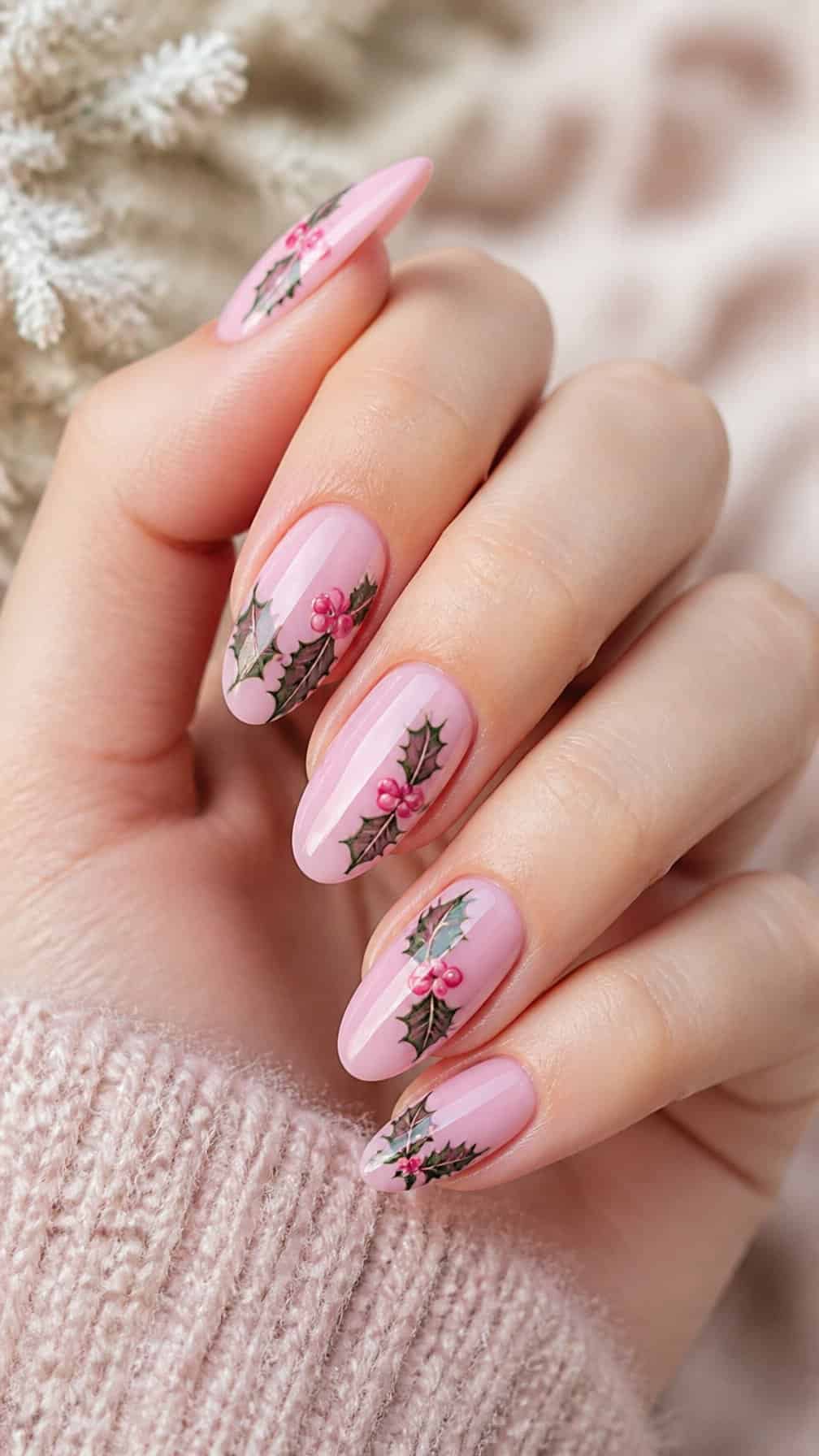 A hand displaying pink nails decorated with green holly leaves and pink-red berries.