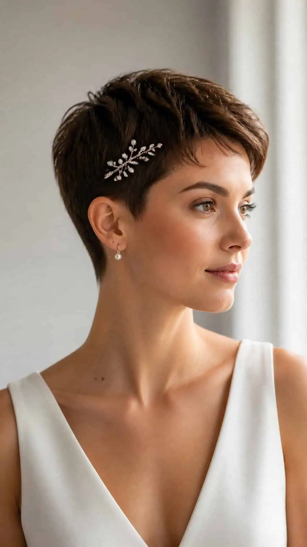 Bride with a short pixie haircut wearing a decorative hairpin above one ear.