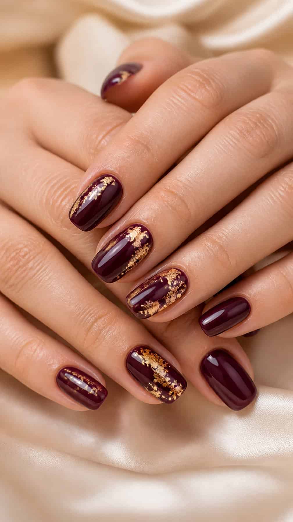 Close-up of hands with glossy plum-purple nails decorated with delicate gold foil accents.