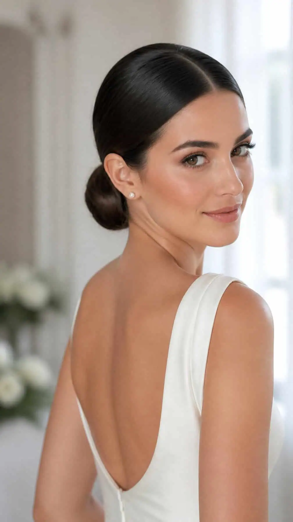 Bride wearing a sleek low bun with a middle part.