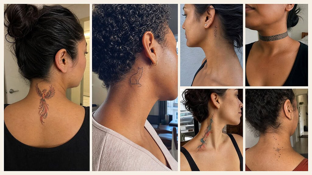Six female neck tattoo ideas shown in an editorial collage
