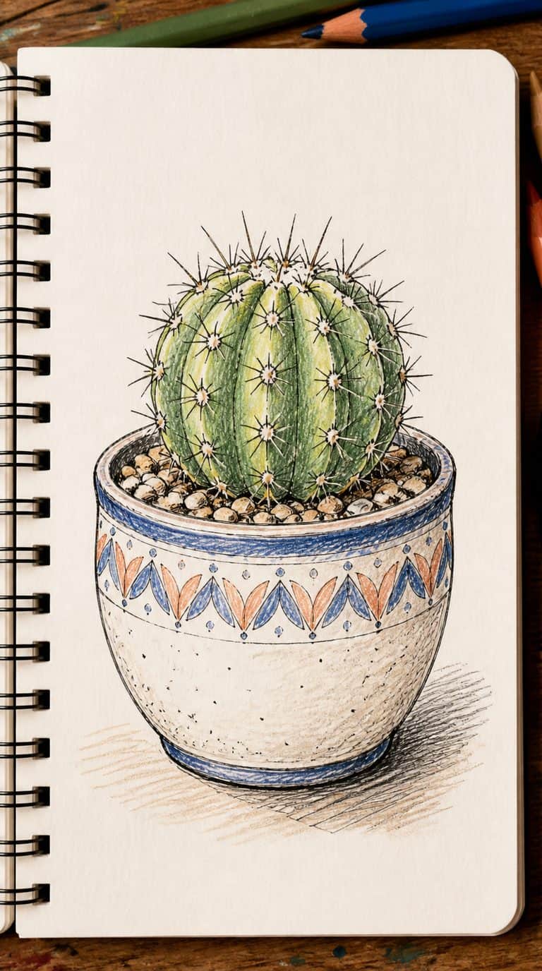 A hand-drawn artwork of potted cactus.