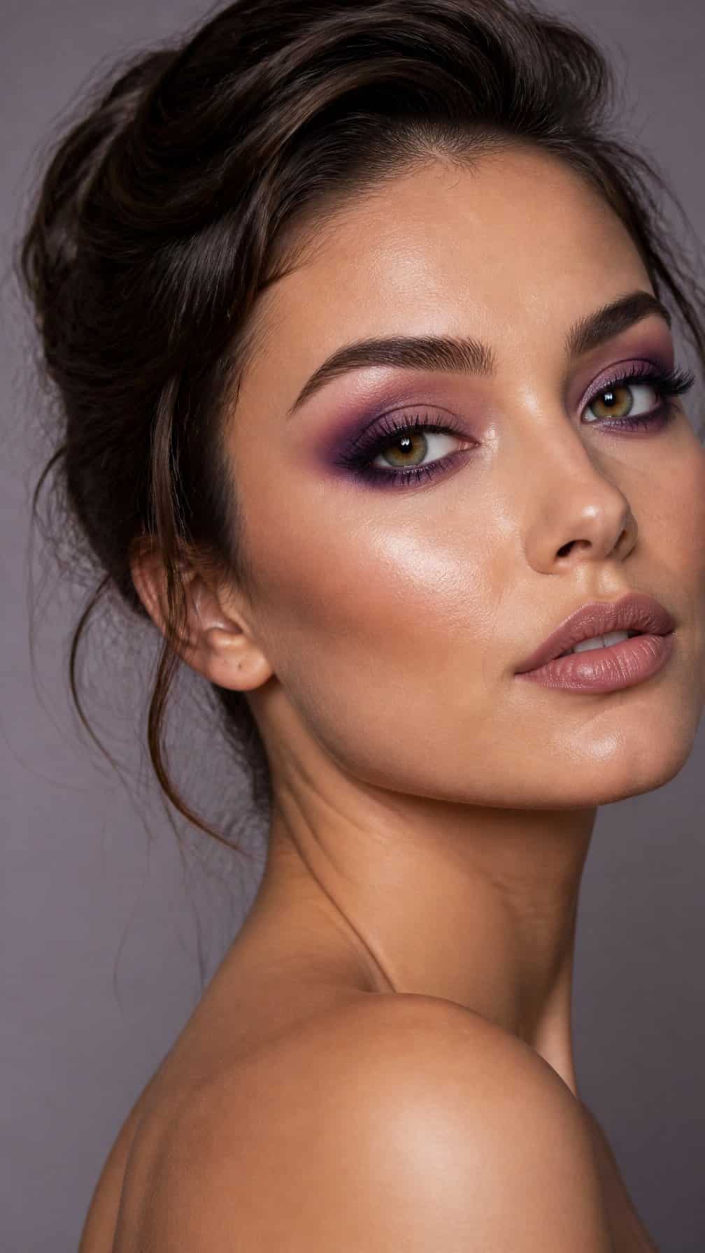 Close-up portrait of a woman wearing purple smokey eye makeup.