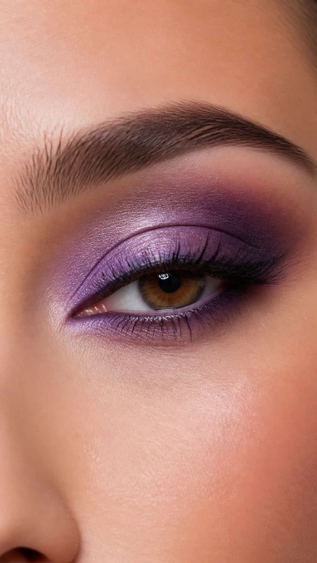 Close-up of an eye with blended purple smoky makeup on a hooded eyelid.