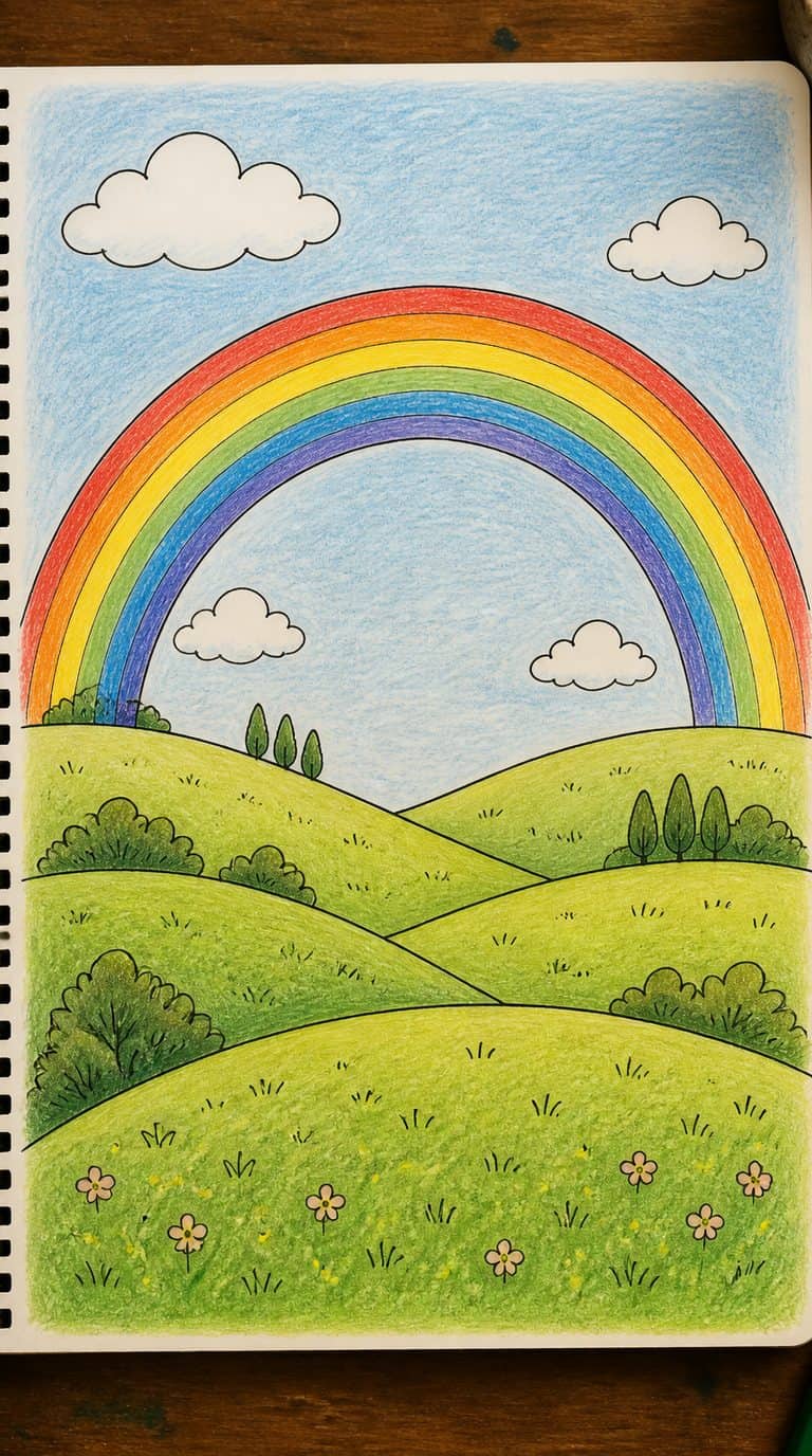 A hand-drawn artwork of rainbow above rolling hills.