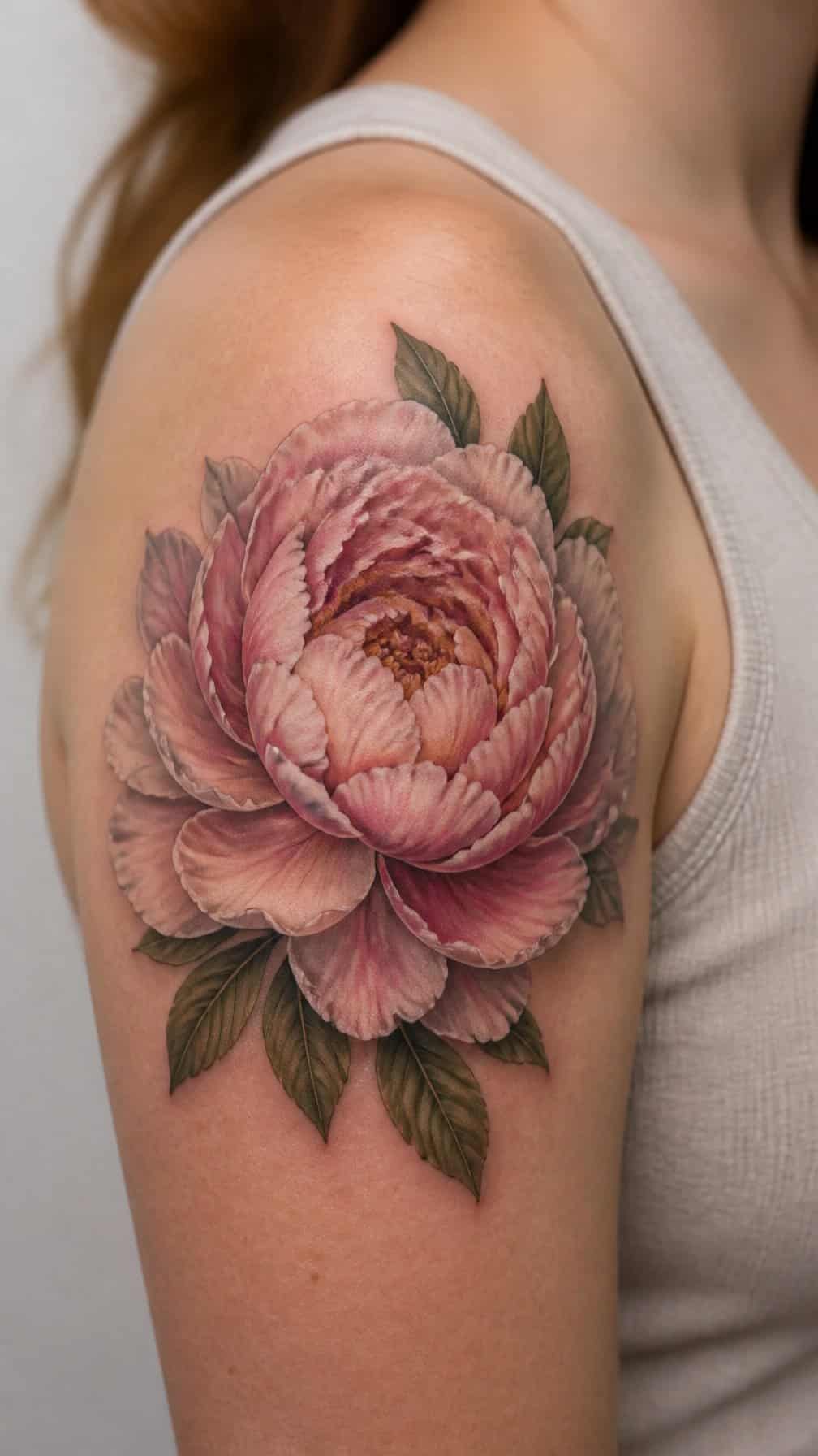 A realistic peony tattoo covers a small tattoo on a person’s skin.