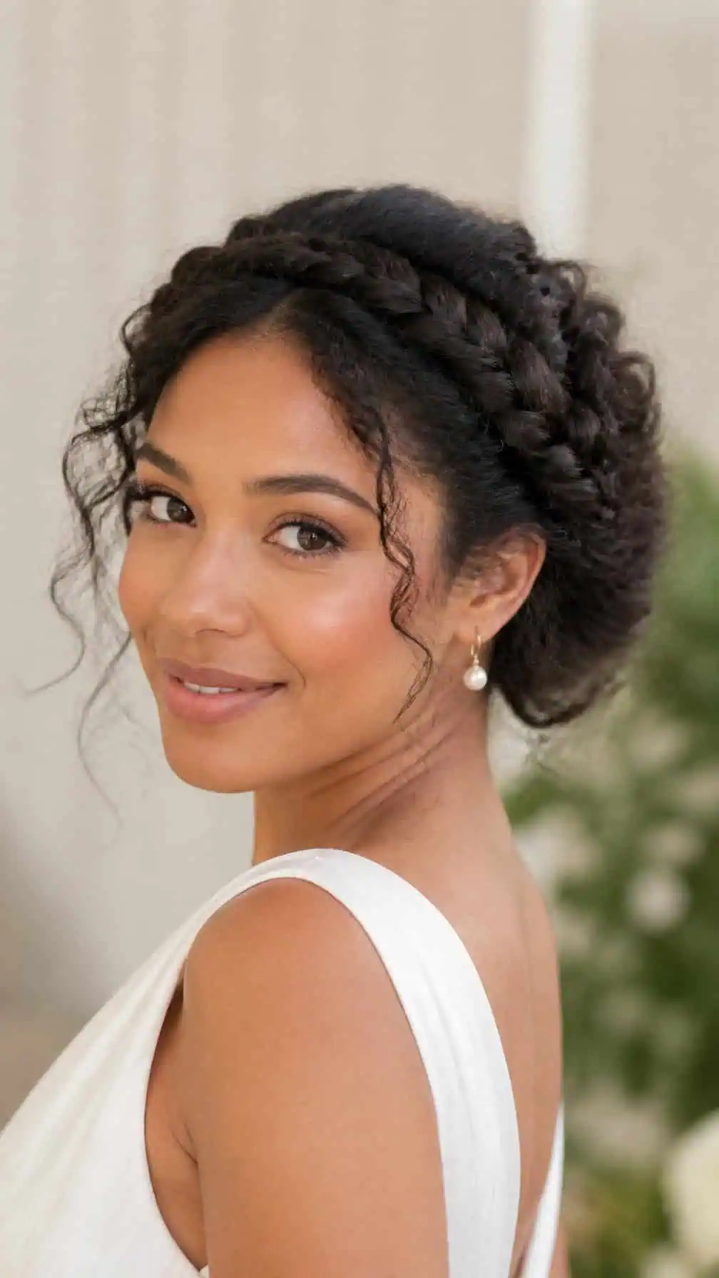 Bride wearing a relaxed braided crown hairstyle with loose tendrils.