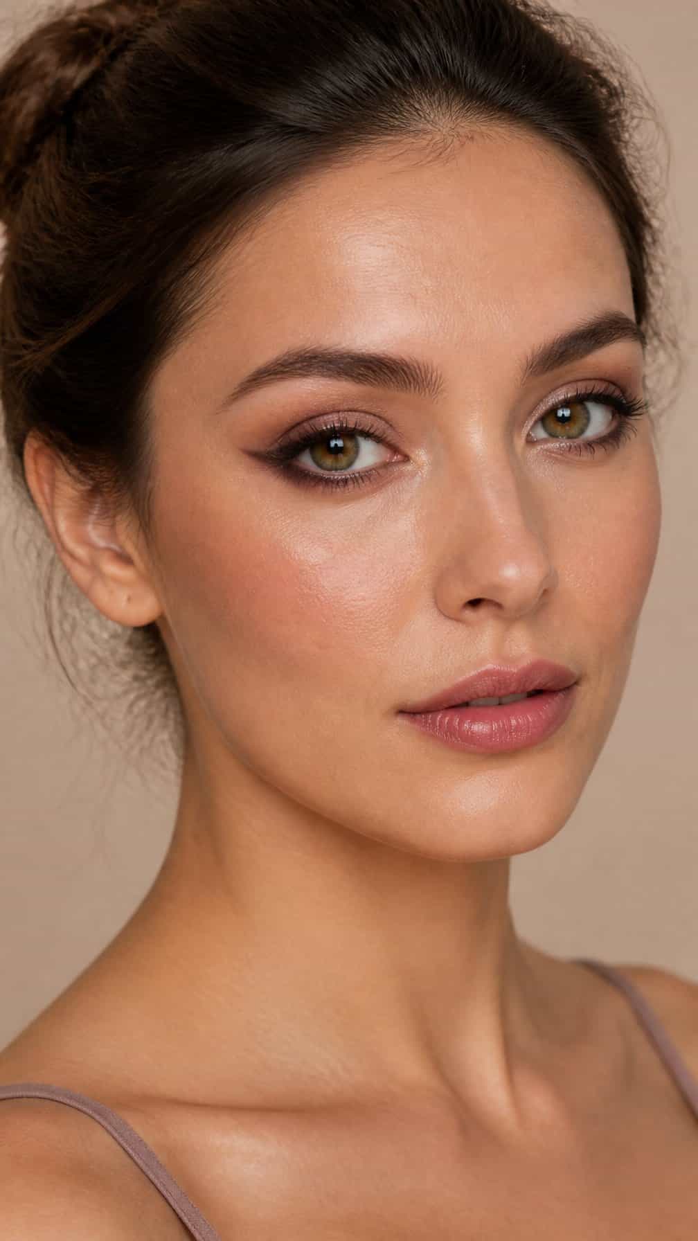 Close-up portrait of a woman wearing reverse cat-eye makeup designed for hooded eyes.