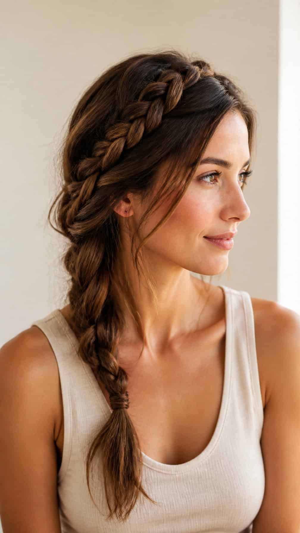 Woman wearing a rope-style braided headband with a loose side braid.