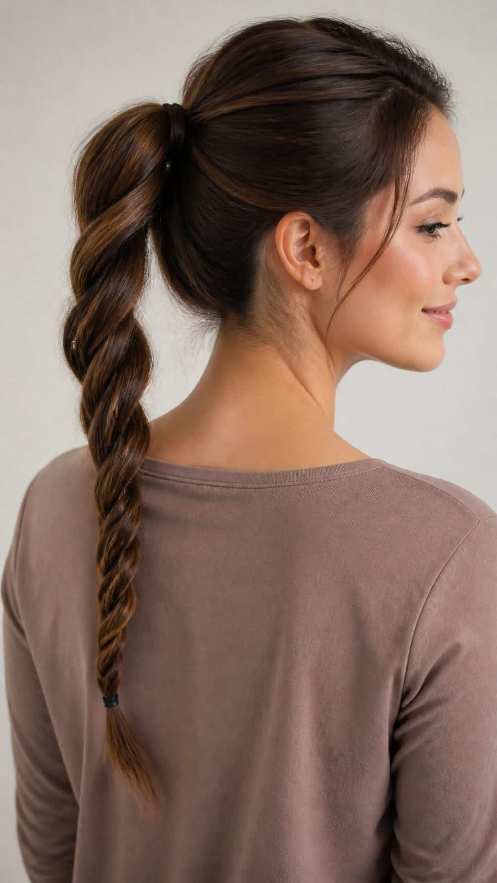 Woman wearing a neatly twisted rope-style ponytail.