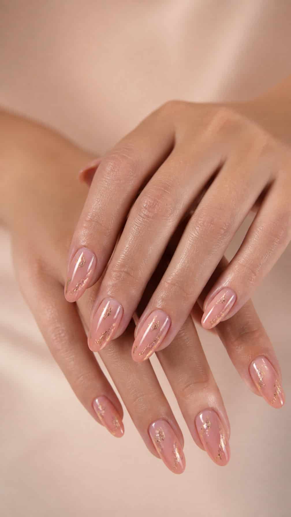 Close-up of hands with glossy rose-pink almond-shaped nails accented with gold foil.