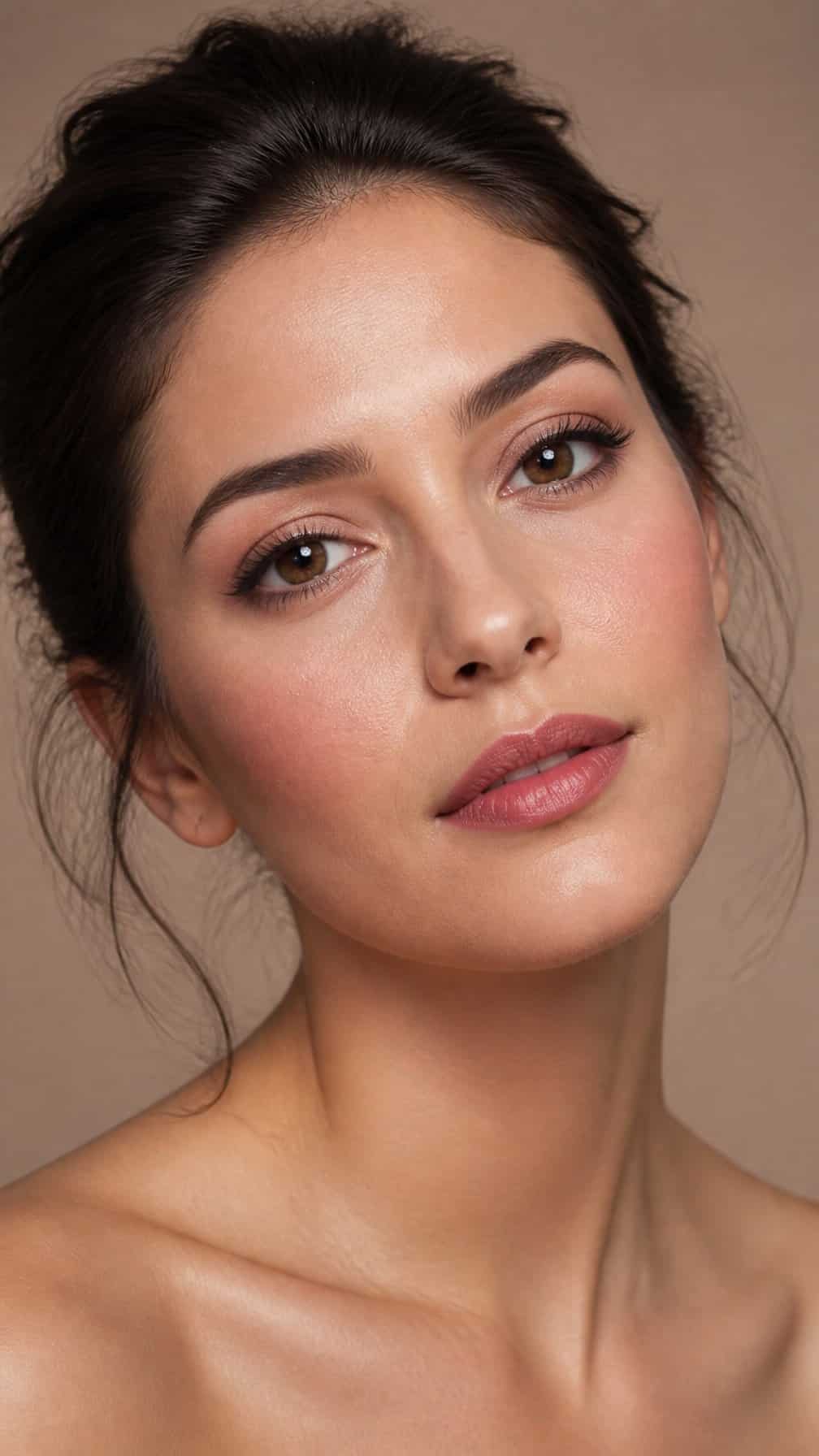 Close-up portrait of a woman wearing rosewood lipstick and soft rosy blush.