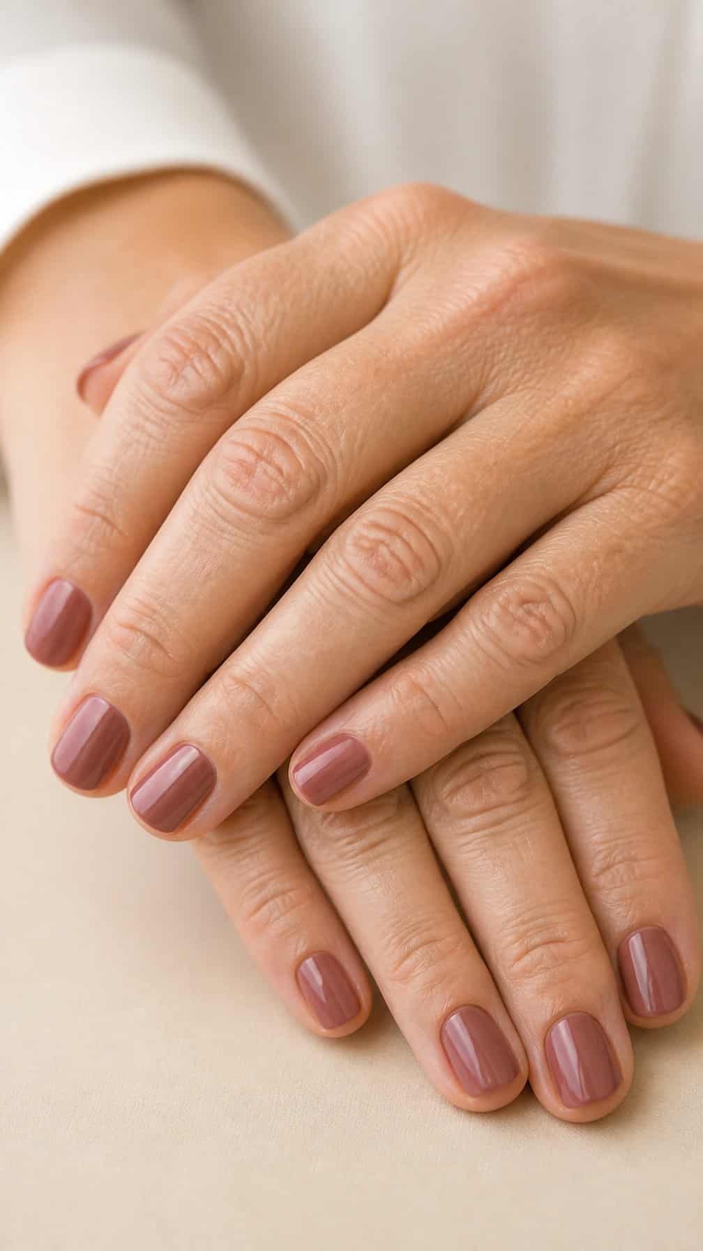 Mature hands with short rounded nails painted a glossy rosewood color.