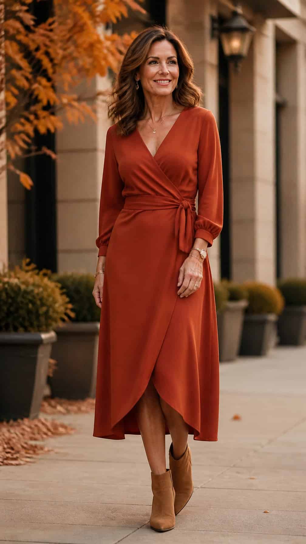 A woman wearing a rust-colored wrap dress and tan suede ankle boots stands outdoors in an autumn setting.