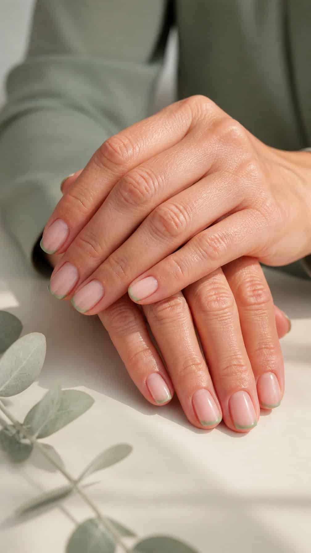 Mature woman’s hands displaying short rounded nails with delicate sage green French tips.