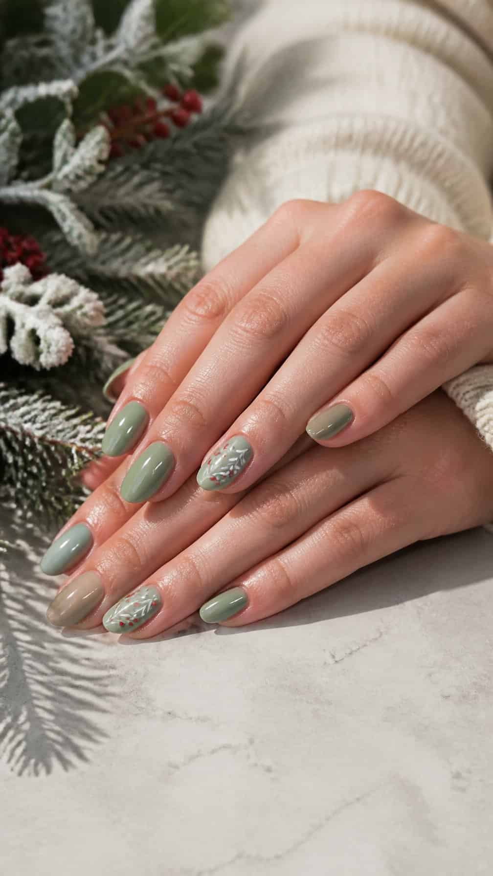 A hand with sage green Christmas nails decorated with delicate mistletoe designs.