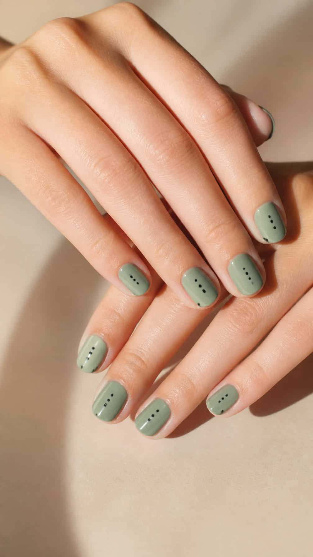 A close-up of sage-green fingernails decorated with small black dots.