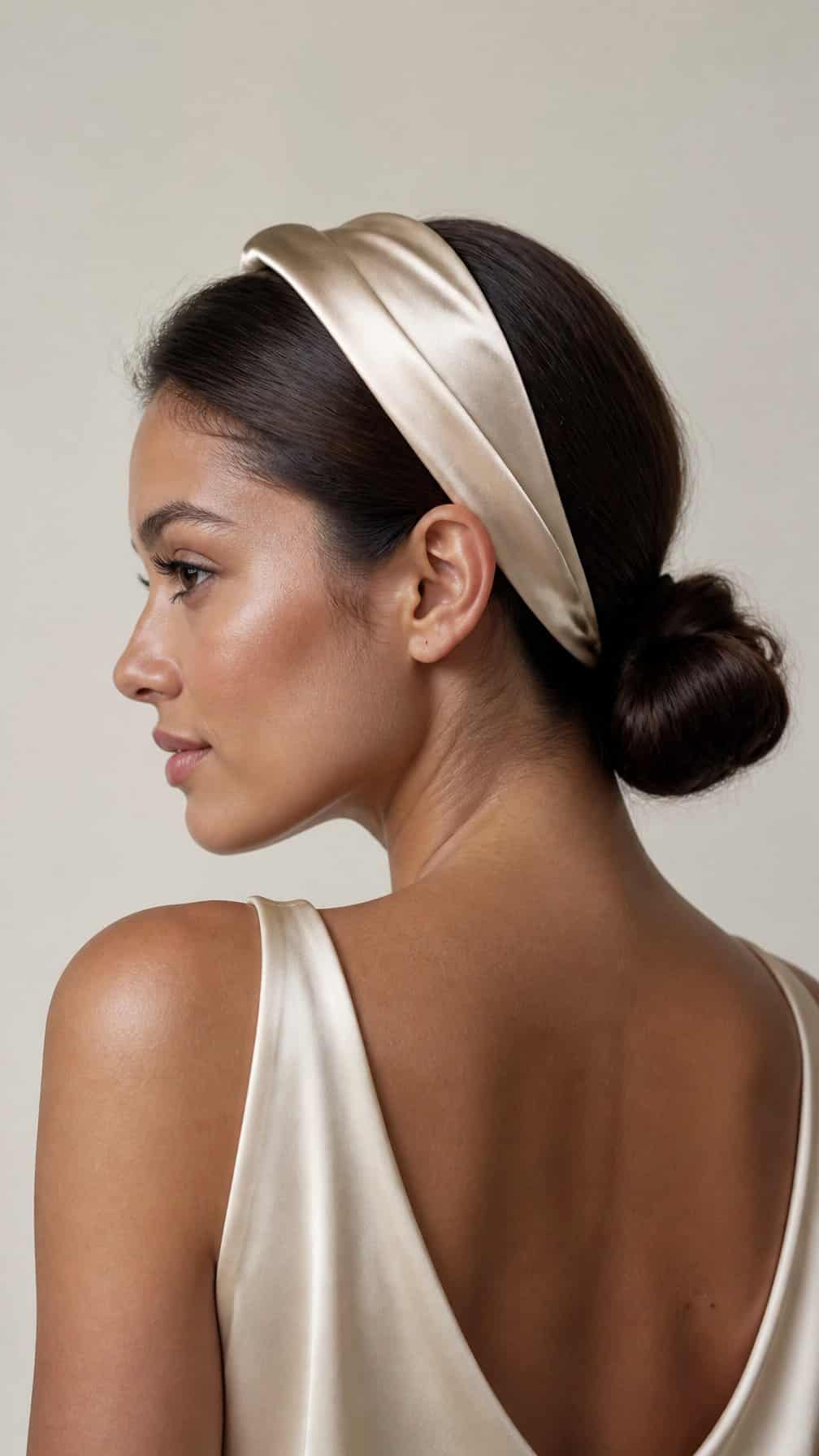 Woman wearing a satin headband with her hair styled in a sleek low bun.